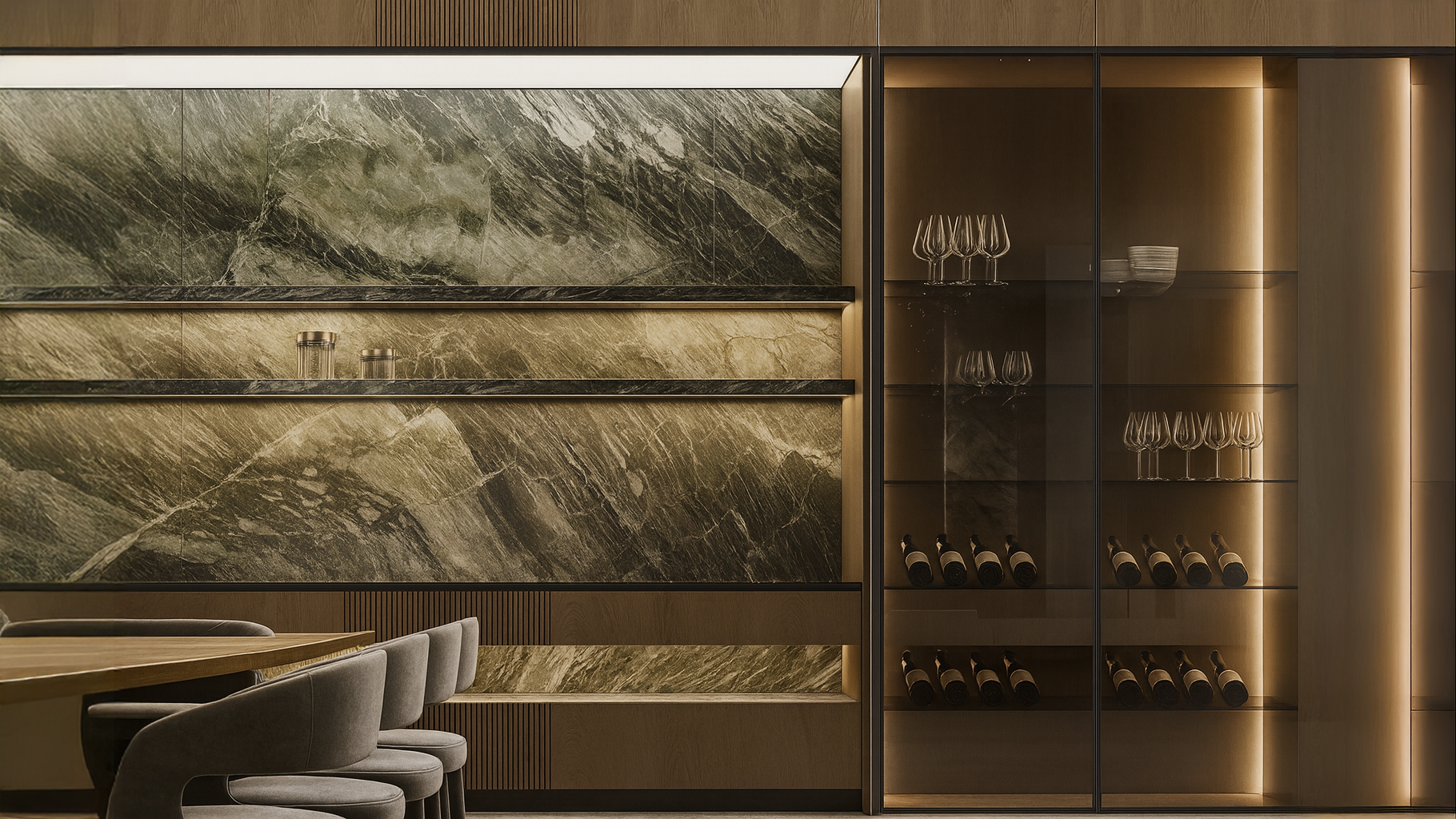 Modern kitchen interior with scenic view